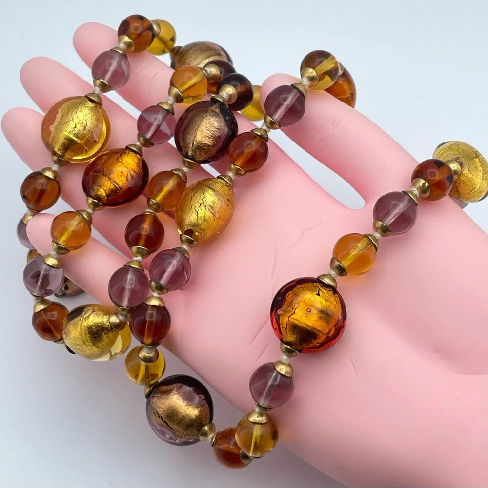 Stunning Hilary London Murano Glass Necklace & Bracelets Set, Fall Colors, 28”